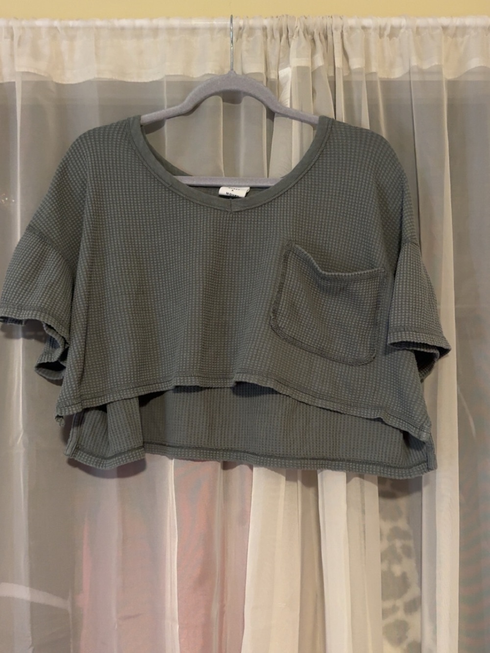 Aerie Offline Waffle Knit Cropped Pocket Top - Gray Green
